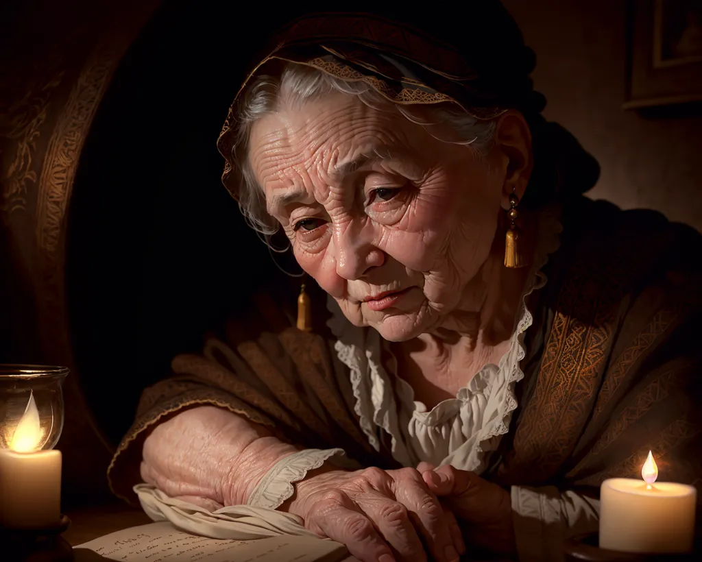 La photo montre une vieille femme lisant une lettre à la lueur d'une bougie. Elle porte une robe marron avec un col blanc. La femme a une expression triste sur le visage. Il y a deux bougies sur la table devant elle.