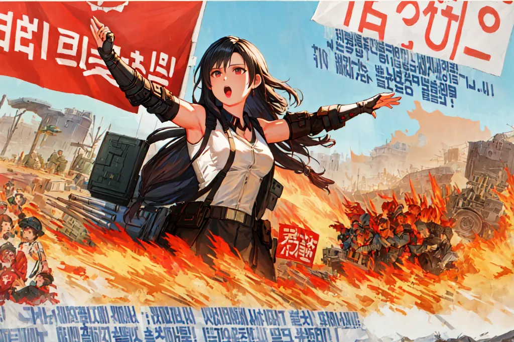 La imagen es un cartel de propaganda norcoreano. Muestra a una mujer joven con uniforme militar, sosteniendo una bandera con las palabras "El Partido de los Trabajadores de Corea" en coreano. Ella está parada frente a una gran multitud de personas, todas con uniformes militares y sosteniendo banderas. En el fondo, hay una gran fábrica y una ciudad. El cartel probablemente esté destinado a promover el Partido de los Trabajadores de Corea y su ideología del Juche, que se basa en la idea de la autosuficiencia y la independencia nacional.