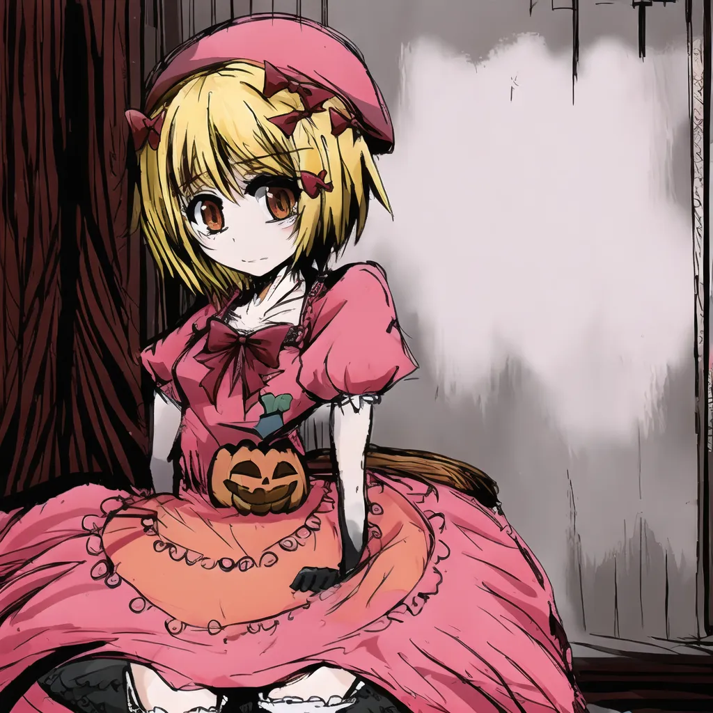 The image shows a young girl with yellow hair and orange eyes. She is wearing a pink dress with a white collar and a red bow in her hair. She is sitting in a chair and has a jack-o-lantern on her lap. The background is a wall with a door.