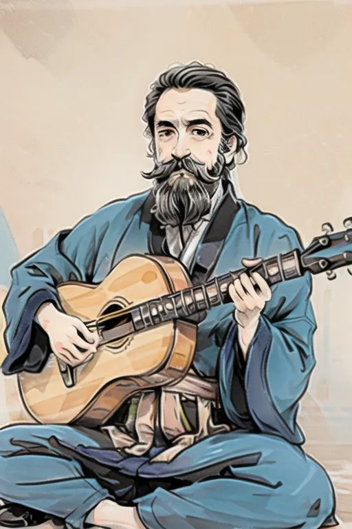 The image depicts a man with dark hair, dark eyes, and a beard wearing a blue kimono. He is sitting on the ground and playing a guitar. The background is white. The man's expression is serious and focused. He is wearing a light blue kimono with a white sash. His hair is long and tied in a ponytail. The guitar is brown and has six strings. The man's fingers are strumming the strings.