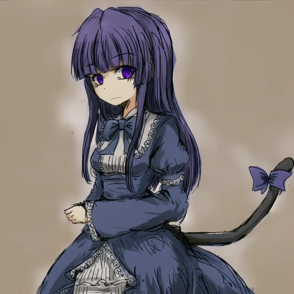 A imagem mostra uma menina com cabelo roxo e olhos roxos. Ela está usando um vestido azul com um colarinho branco e um laço preto no cabelo. Ela também tem uma cauda de gato. A menina está de pé com os braços cruzados e tem uma expressão ligeiramente irritada no rosto.