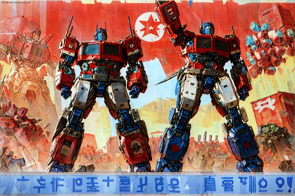 Gambar ini adalah poster propaganda bergaya Korea Utara. Menampilkan dua Transformer, Optimus Prime dan Megatron, berdiri di depan bendera merah dengan bintang putih. Latar belakangnya adalah adegan perang. Ada dua slogan pada poster ini. Yang pertama, di bagian atas, berbunyi \