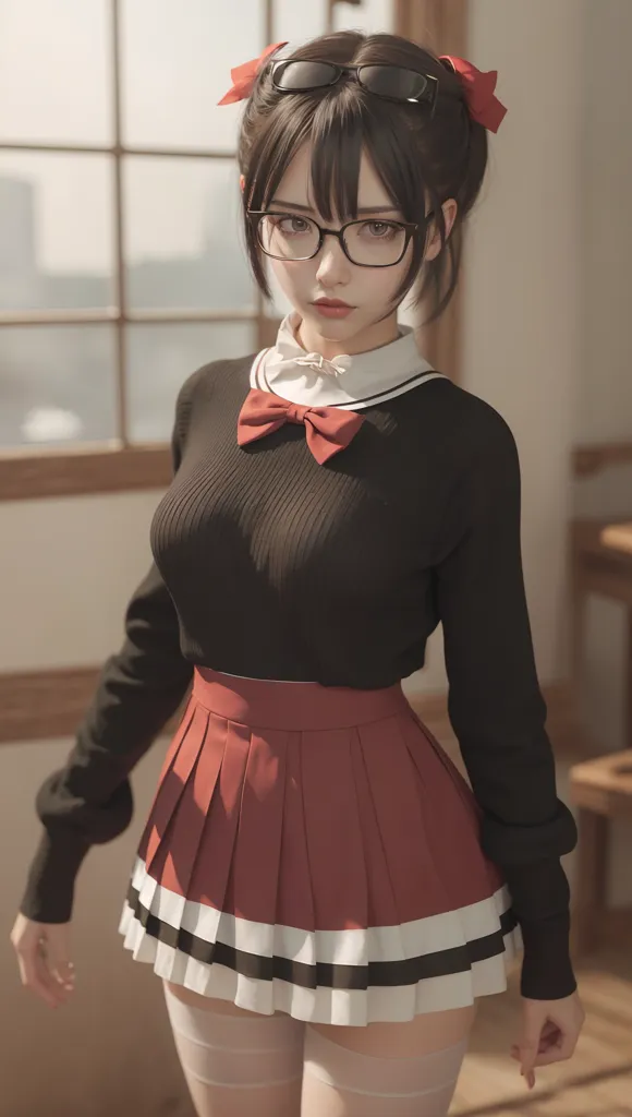 The image shows a young woman with long black hair and brown eyes. She is wearing a black sweater, a red pleated skirt, and a white bow tie. She is also wearing glasses. She is standing in a room with a window in the background.