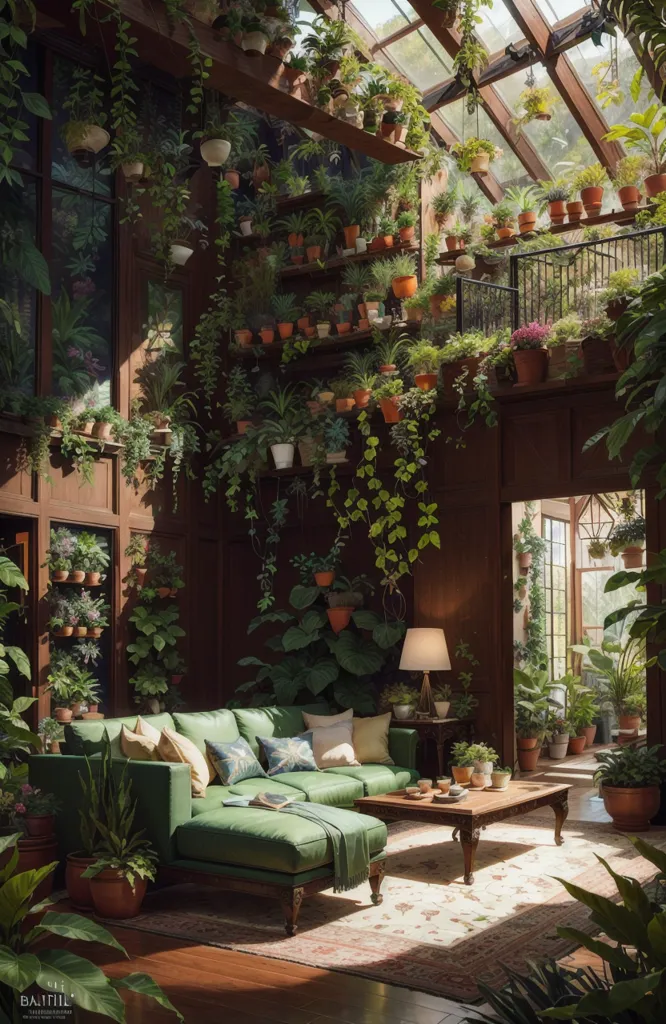 A imagem é uma representação digital de uma sala de estar ou estufa. A sala está cheia de plantas, com vasos de plantas no chão, pendurados no teto e subindo pelas paredes. Há um sofá verde no centro da sala, com uma mesa de centro à sua frente. Há uma porta do lado direito da sala, que leva para o exterior. A sala é iluminada pela luz natural que entra pelas grandes janelas.