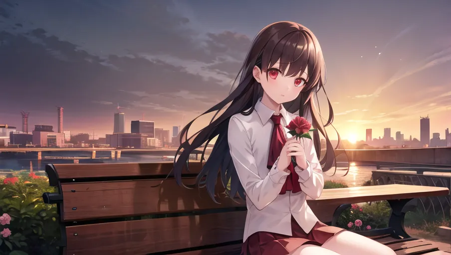 This image shows a girl sitting on a bench, holding a red rose. The background is a cityscape with a river and a bridge. The sky is a gradient of orange and pink. The girl is wearing a white shirt and a red tie. Her long, dark hair is flowing in the wind. She is looking at the rose with a gentle smile on her face.