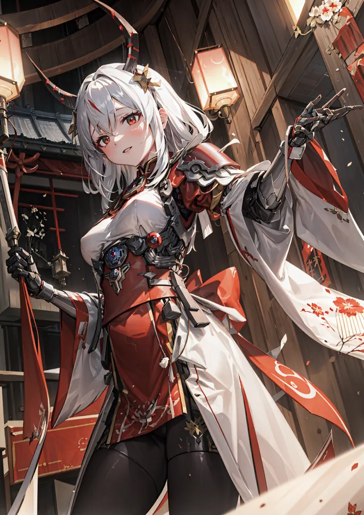 A imagem é de uma jovem mulher vestida com um traje de estilo kimono vermelho e branco. Ela tem cabelos longos e brancos e olhos vermelhos, e está segurando uma naginata em sua mão direita. Ela está em pé em uma sala de estilo tradicional japonês, com lanternas de papel e um piso de madeira.