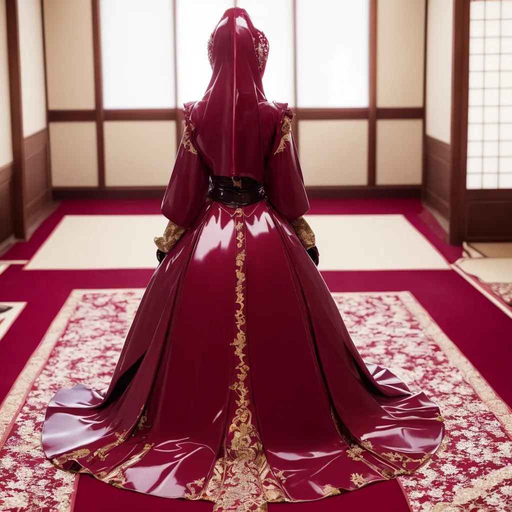 The image shows a woman wearing a red latex dress with a long train. The dress has a high collar and is decorated with gold trim. The woman is kneeling on a red carpet in a traditional Japanese room. The room has white walls and a red carpet with a floral pattern. There are also two white paper lanterns in the room.