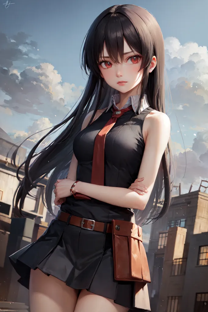 The image is of a young woman with long black hair and red eyes. She is wearing a black sleeveless shirt with a red tie, a black skirt, and a brown belt with a pouch on it. She is standing in a city with tall buildings in the background. The sky is cloudy and there are some ruins in the background.