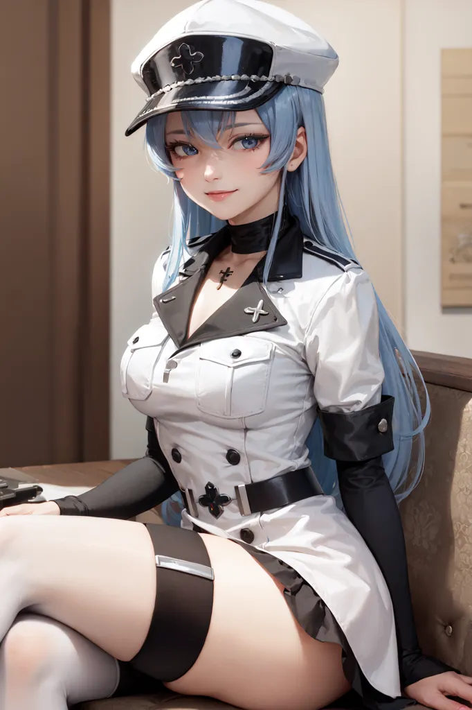 The image depicts an anime-style illustration of a young woman with long, light blue hair and blue eyes. She is wearing a white military-style outfit with a black hat, black gloves, and a black choker with a cross on it. She is sitting on a chair with one leg crossed over the other and has a confident expression on her face. The background is a blurred out image of a room with a desk and a lamp on it.