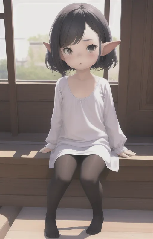 The image shows a young girl sitting on a wooden floor in front of a large window. She has short brown hair and brown eyes, and she is wearing a white dress with black stockings. She is sitting with her legs crossed and her hands in her lap, and she has a slightly sad expression on her face. The background of the image is a blurred view of a city.