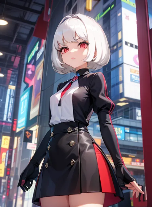 The image is a digital painting of a young woman with white hair and red eyes. She wears a black and white uniform-style outfit with a red tie and a black skirt with red trim. She is standing in a city street with a blurred background of buildings and lights. The image is drawn in a realistic style and the woman's expression is serious and confident.