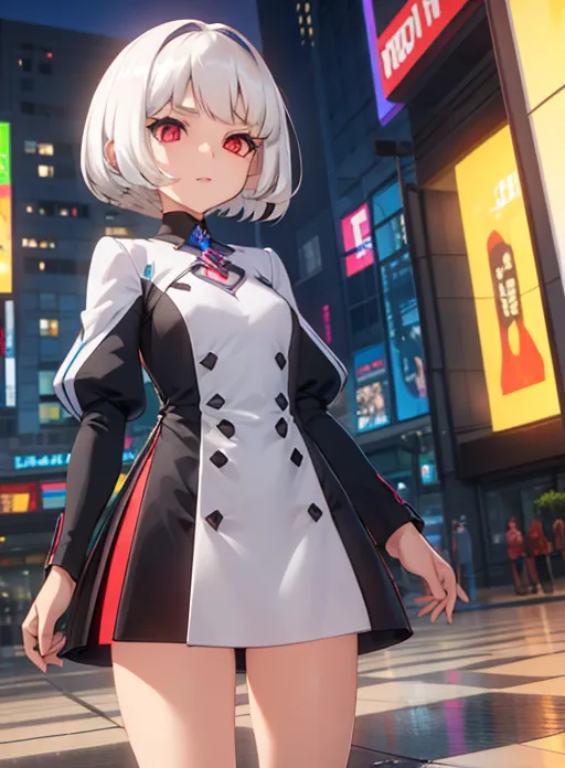 The image is of a young woman with white hair and red eyes. She is wearing a white and black dress with a red tie. She is standing in a city street with a blurred background.