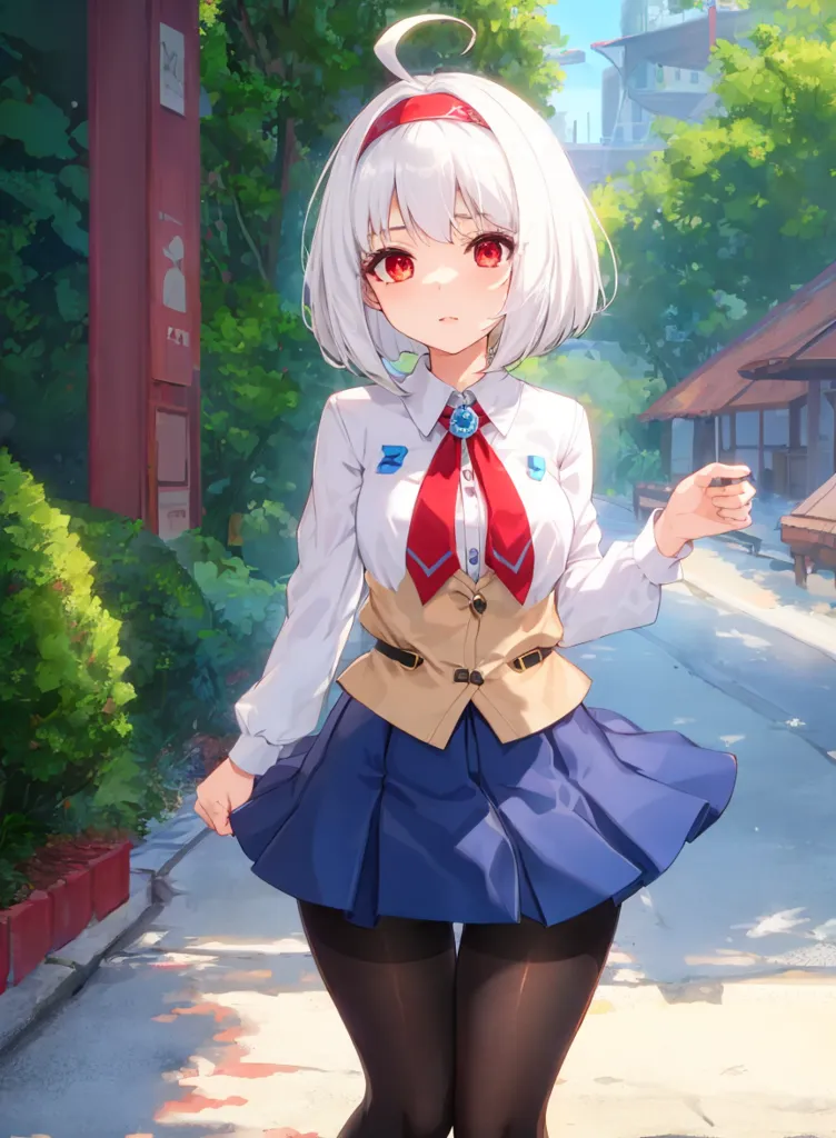 The image shows a young girl with white hair and red eyes. She is wearing a white shirt, a blue vest, and a blue skirt. She is also wearing a red scarf and a blue tie. She is standing in a street with a building in the background. The girl is looking at the viewer with a curious expression on her face.