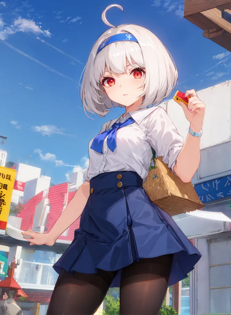 This is an image of a young girl with short white hair and red eyes. She is wearing a white shirt, blue skirt, and black stockings. She is carrying a brown bag in her right hand and a lighter in her left hand. She is standing in a city street with a blue sky and white clouds in the background.