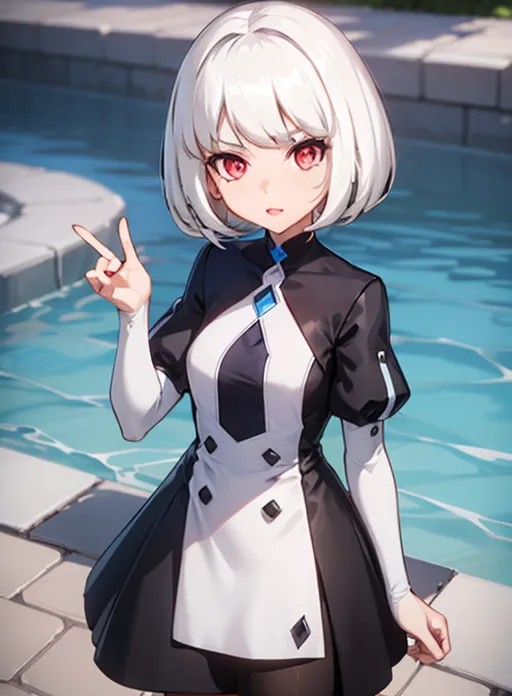 The image shows an anime-style girl with white hair and red eyes. She is wearing a black and white dress with a white collar. The dress has a pleated skirt. She is standing in front of a swimming pool with her left hand raised in a peace sign.