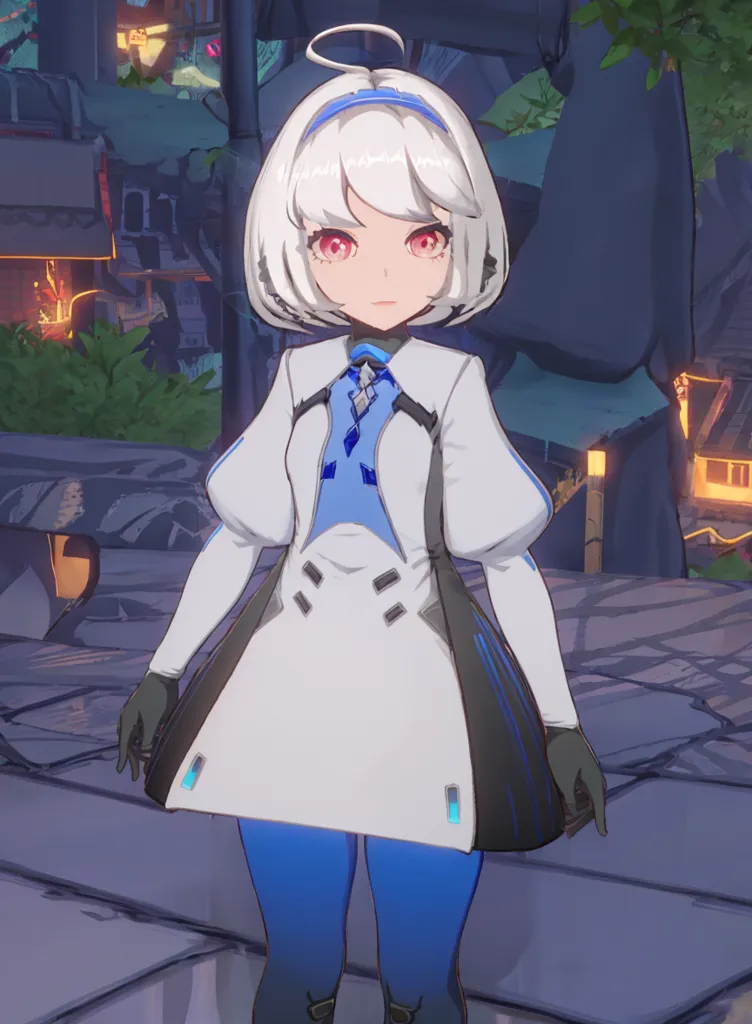 The image shows a young girl with short white hair and red eyes. She is wearing a white and blue dress with a blue bow in her hair. She is standing in a dark place with a stone floor. There are some trees and buildings in the background. The girl is looking at the viewer with a serious expression.