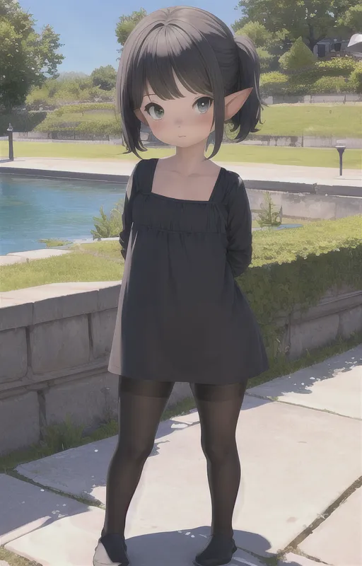 The image is a photo of an anime-style girl with short brown hair, green eyes, and pointy ears. She is wearing a black dress with a white collar and black stockings. She is standing in a park with a lake and some trees in the background. The girl is looking at the camera with a shy smile on her face.