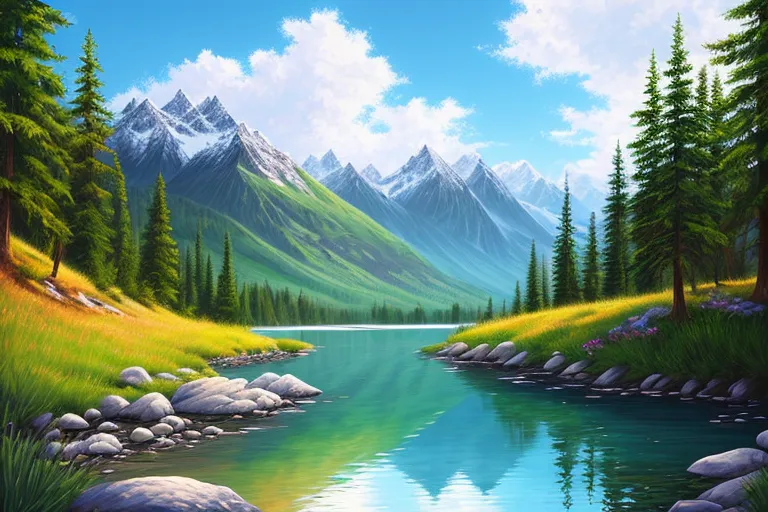 The image is a beautiful landscape painting. It shows a wide river in the foreground, with a forest of pine trees on the left bank and a meadow on the right bank. In the background, there is a range of snow-capped mountains. The sky is blue and there are some white clouds. The water in the river is crystal clear with rocks projecting out of it on the left side. The meadow on the right has green grass and purple flowers.