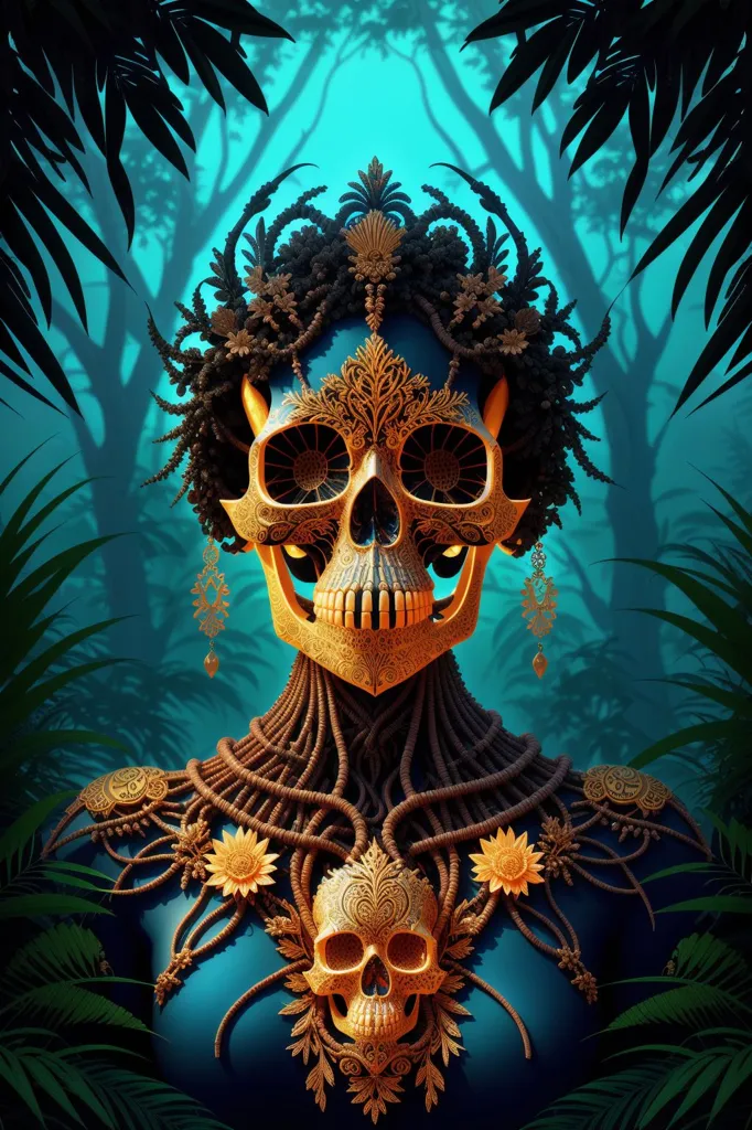 This is a digitally generated image of a skull with a golden headdress and golden earrings. The skull is centered in front of a dark blue background with a pattern of leaves. The skull has a headdress made of black and brown vines with yellow flowers woven into it. The skull also has a large golden necklace with a small golden skull hanging in the center. The small skull has a pattern of leaves on it.