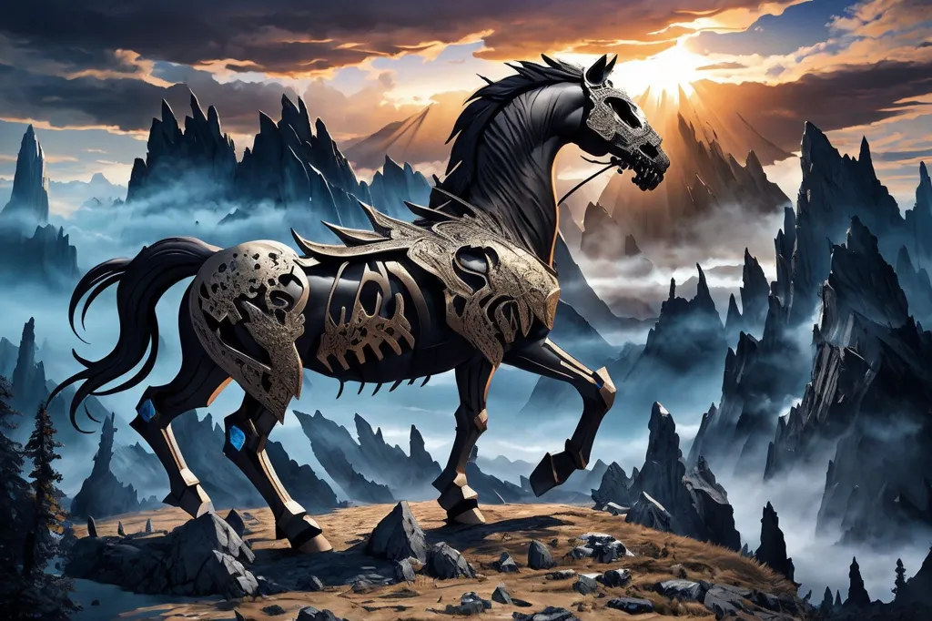 L'image montre un cheval noir avec une tête ressemblant à un crâne et une armure métallique. Le cheval se tient sur une colline rocheuse, avec une chaîne de montagnes en arrière-plan. Le ciel est sombre et nuageux, avec un seul rayon de soleil qui brille sur le cheval.