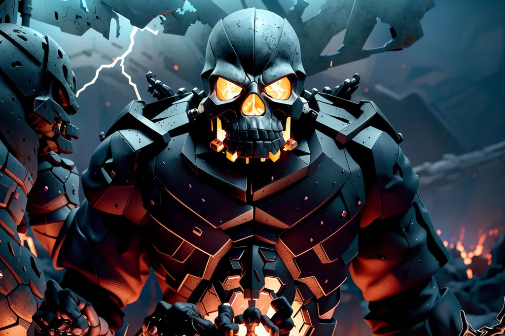 The image is a skeleton warrior. He is wearing a black and grey armor. His eyes are glowing orange. He is standing in a fiery, stormy background.