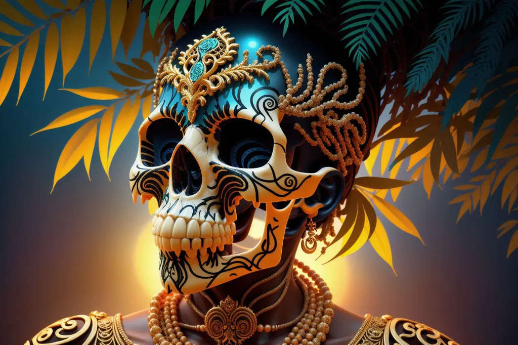 This is a skull with blue and white paint on it. The skull is wearing a gold headdress and a gold necklace. The skull is in front of a background of green leaves.