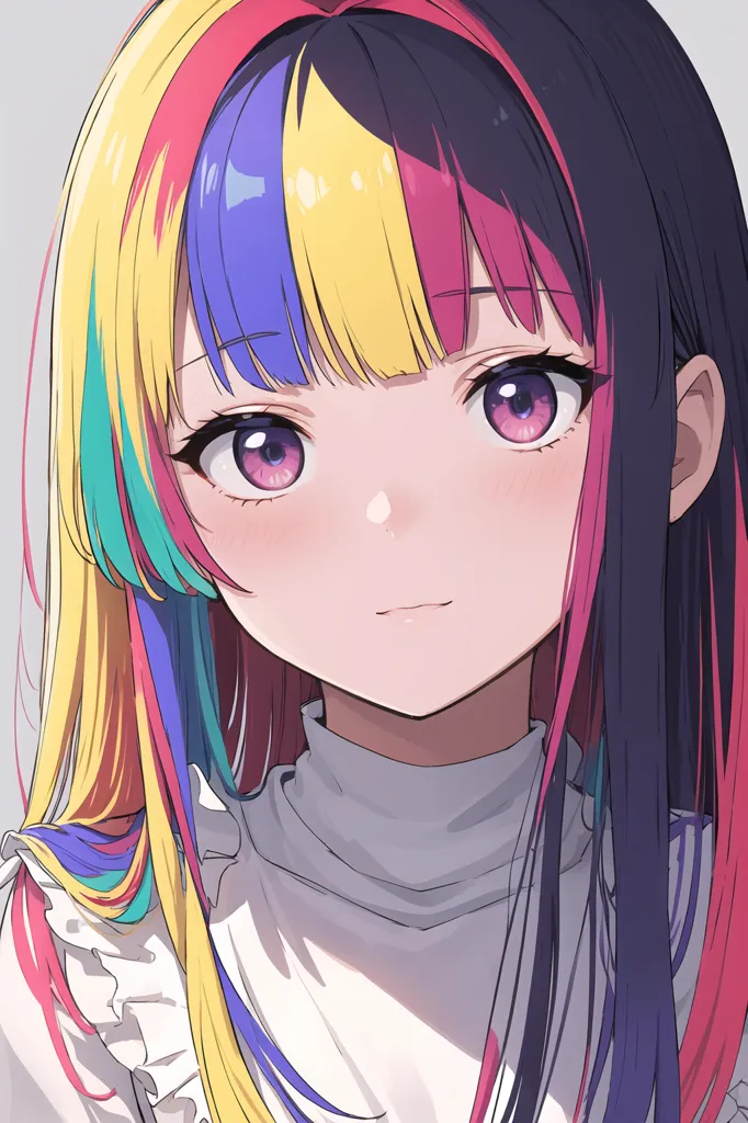 La imagen es un retrato de una mujer joven con el cabello multicolor. Los colores incluyen amarillo, azul, verde, rosa y morado. Sus ojos son de color morado y su piel es clara. La imagen está dibujada en un estilo anime.