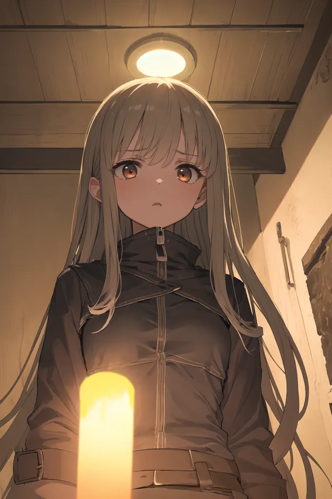 The image is of a young girl with long silver hair and orange eyes. She is wearing a black jacket with a white turtleneck collar. The girl is standing in a dark room with a single light source above her head. She is looking down at a candle that she is holding in her hands. The girl's expression is one of sadness and despair.