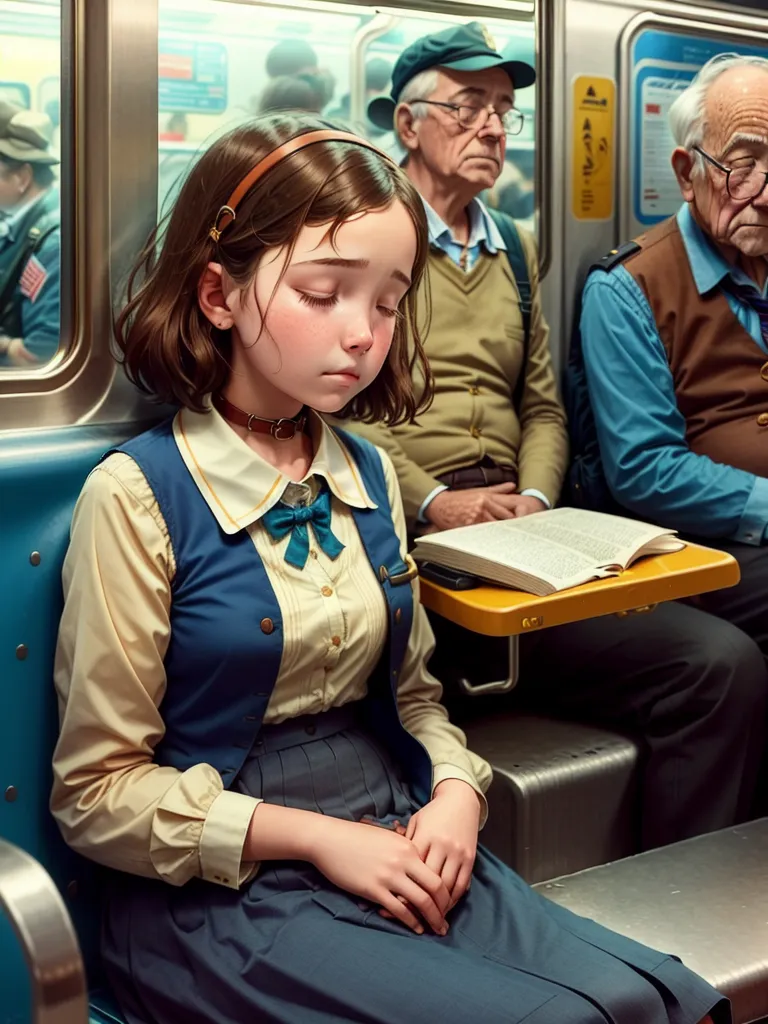 The image shows a young girl sleeping on a train. She is wearing a blue vest, a white blouse, and a brown skirt. Her head is resting on her folded arms. Her eyes are closed, and her expression is peaceful. There are two elderly men sitting across from her, both of whom are reading books. The girl is sitting in a blue vinyl booth.