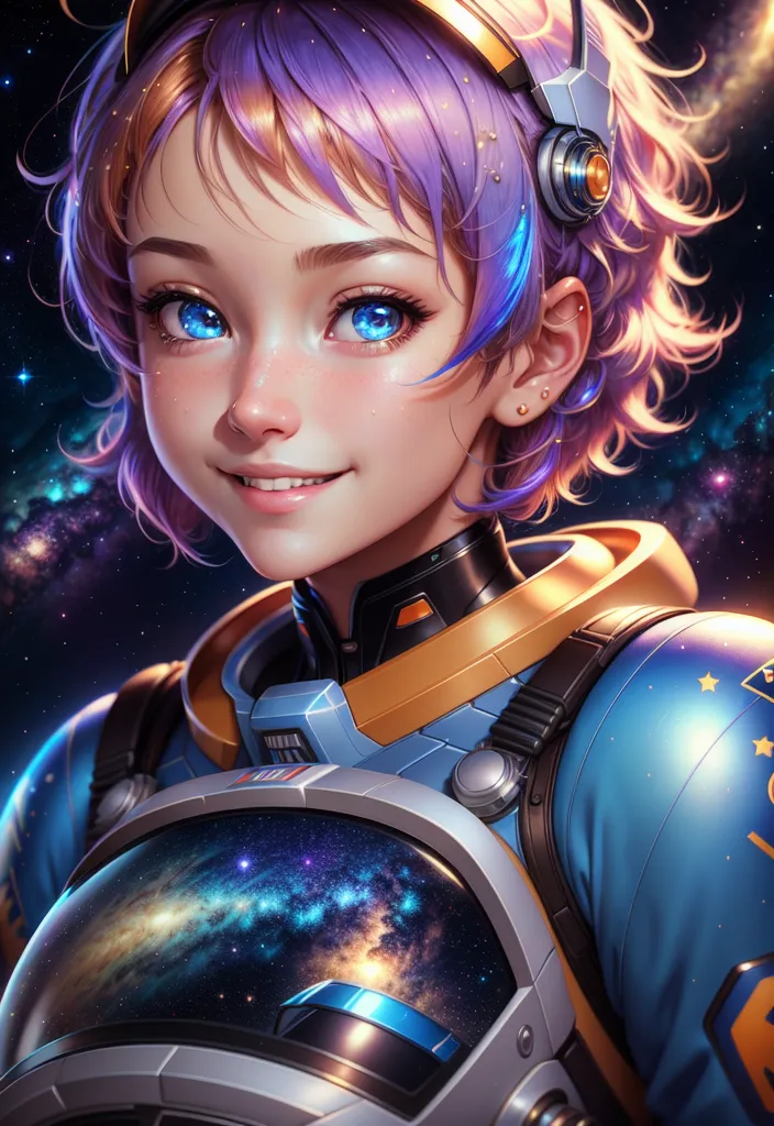 La imagen muestra a una niña joven con el cabello morado y ojos azules. Está usando un traje espacial con un casco de burbuja transparente. Hay estrellas y galaxias en el fondo. Ella está sonriendo.