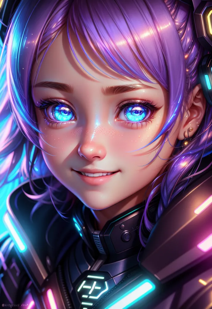 Esta é uma imagem de uma jovem mulher com cabelo roxo e olhos azuis. Ela está usando um macacão preto e roxo com um colarinho alto. O macacão tem luzes azuis e roxas nele. Ela também está usando um par de fones de ouvido. O fundo é escuro com uma luz azul no lado esquerdo.