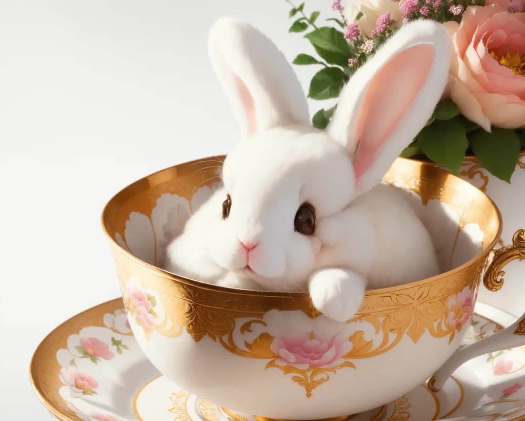 The image shows a white rabbit sitting in a golden and white patterned teacup. The rabbit has light pink inner ears and dark brown eyes. The teacup is sitting on a white and pink patterned saucer. There are pink and white flowers with green leaves sitting behind the teacup on the right side. The background is a very light pink.