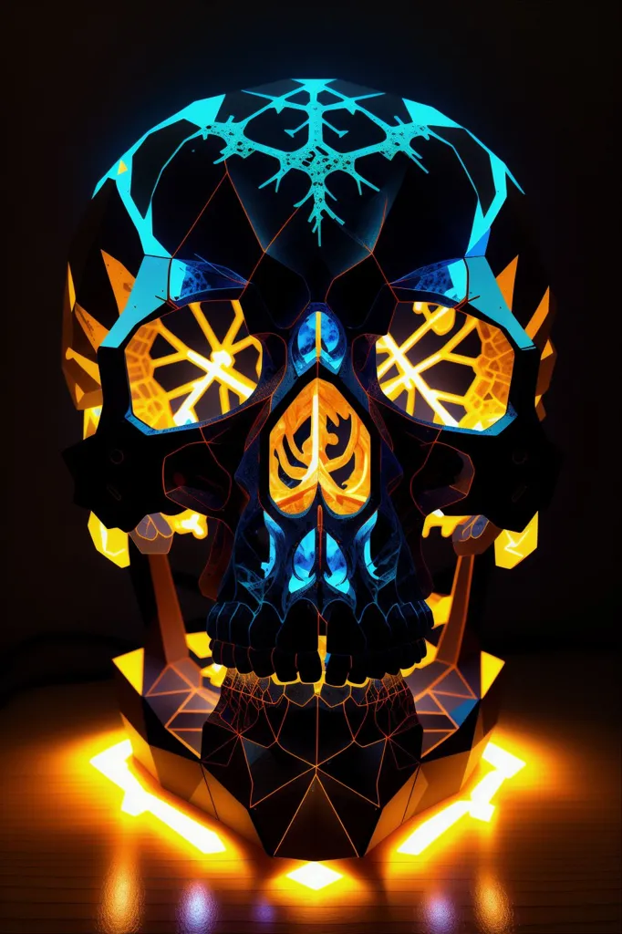 This is a 3D rendering of a skull. The skull is black with blue and yellow glowing lines. The background is black. The skull is in the center of the image. The skull is glowing. The skull is facing the viewer. The skull is detailed.