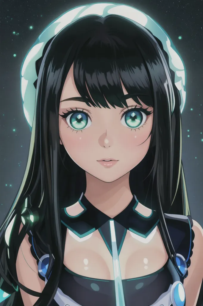 The image is a portrait of a young woman with long black hair and green eyes. She is wearing a black and blue outfit with a white collar. She has a confident expression on her face. The background is a dark blue color with a starry night sky.