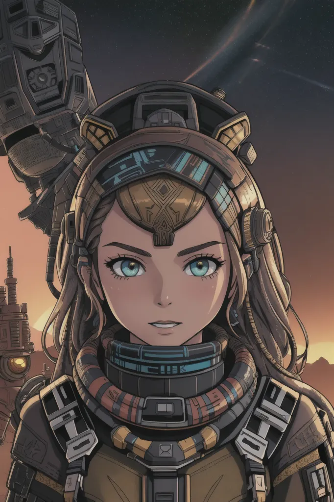 Ini adalah gambar seorang gadis muda di latar belakang futuristik. Dia mengenakan baju luar angkasa berwarna coklat dan hijau tosca dengan helm kaca bening. Dia memiliki rambut coklat dan mata biru. Dia berdiri di depan robot raksasa. Latar belakangnya adalah planet gurun dengan dua matahari di langit.