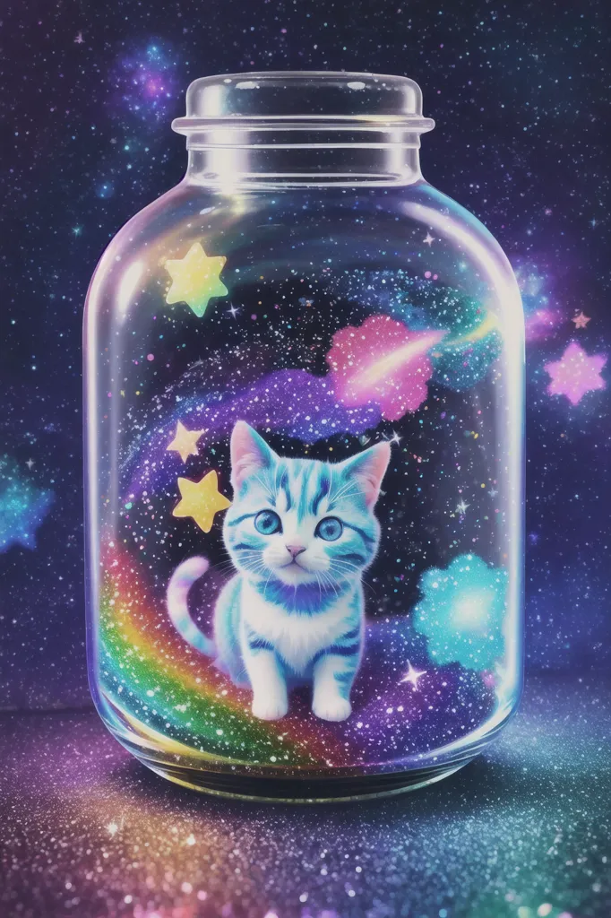 L'image est une peinture numérique d'un bocal en verre rempli d'un chat bleu et d'étoiles. Le chat est assis sur un arc-en-ciel, et il y a des étoiles et des nuages qui flottent autour de lui. Le bocal est placé devant un fond d'espace, avec des étoiles et des galaxies à distance. L'image est très colorée et a une touche fantaisiste.