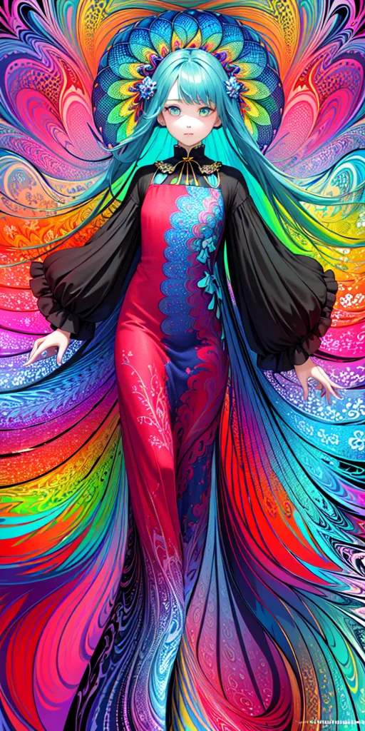 The image is a depiction of a woman wearing a red and blue cheongsam-style dress with a black bolero jacket. The dress has a floral pattern and a high collar. The woman has long blue hair and blue eyes. She is wearing a headdress with two large pink flowers and several smaller blue and white flowers. The background is a rainbow of various colors, including pink, blue, green, yellow, and orange. The image has a painterly style and appears to be digitally created.