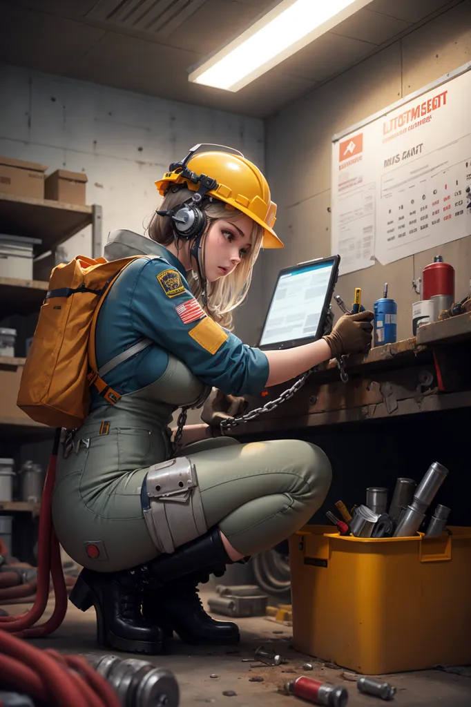 A young woman wearing a hard hat and coveralls is working in a garage or workshop. She is looking at a laptop and appears to be working on a project. She has a backpack on and is wearing a tool belt. There are various tools and supplies on the workbench and shelves in the background.