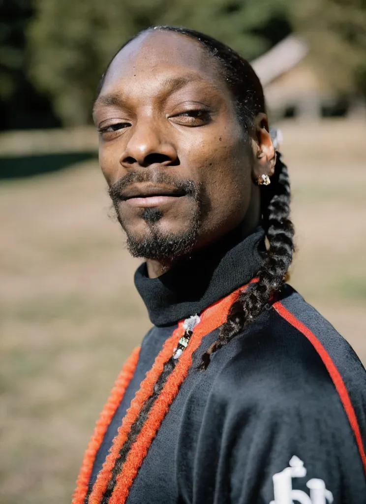 This image shows a close-up of Snoop Dogg, an American rapper, songwriter, media personality, and entrepreneur. He is wearing a black turtleneck sweater with a red and white striped collar. He has a gold earring in his right ear and a beaded necklace with a red and orange pendant. His hair is braided and he has a short beard. He is looking at the camera with a slight smile on his face.