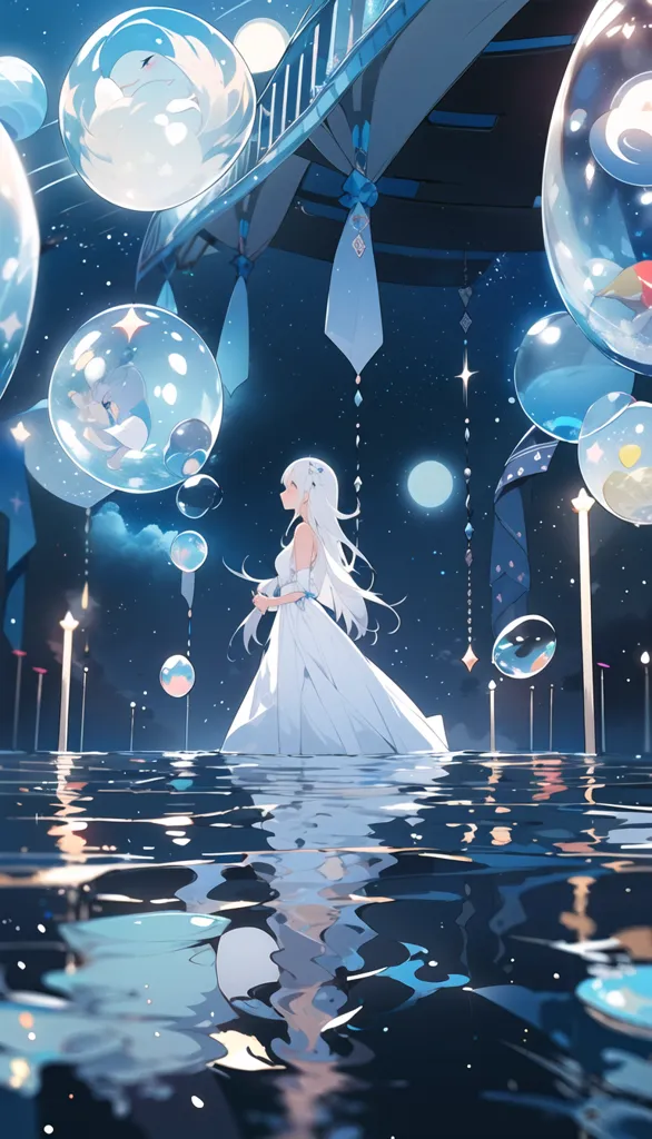 The image is a depiction of a girl in a white dress standing in a body of water. The water is reflecting the night sky, which is filled with stars and a crescent moon. The girl is surrounded by bubbles, some of which contain small creatures. The girl is looking down at her reflection in the water. The image is peaceful and serene.