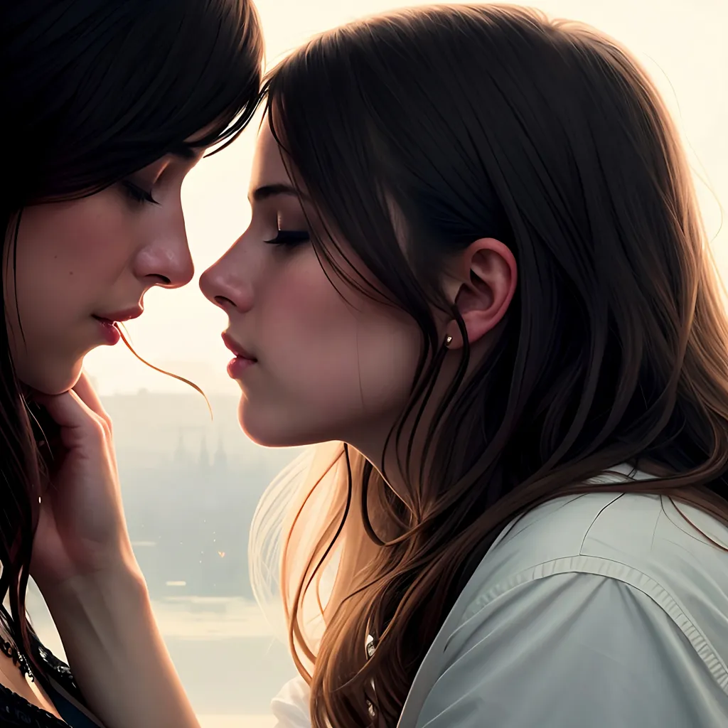 This is a picture of two young women, with long dark hair, who appear to be in love. They are standing very close to each other, with their foreheads almost touching. The woman on the left is slightly taller than the woman on the right. She is gently touching the cheek of the woman on the right with her right hand. The woman on the right has her eyes closed and her head tilted slightly to the left. She has a peaceful expression on her face. The background is blurry, with a few out of focus lights in the distance.