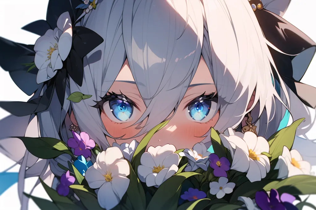 The image is a close-up of a young woman with white hair and blue eyes. She is wearing a black and white dress with a white bow in her hair and has a gentle smile on her face. She is surrounded by white and purple flowers. The background is a soft, light blue color.