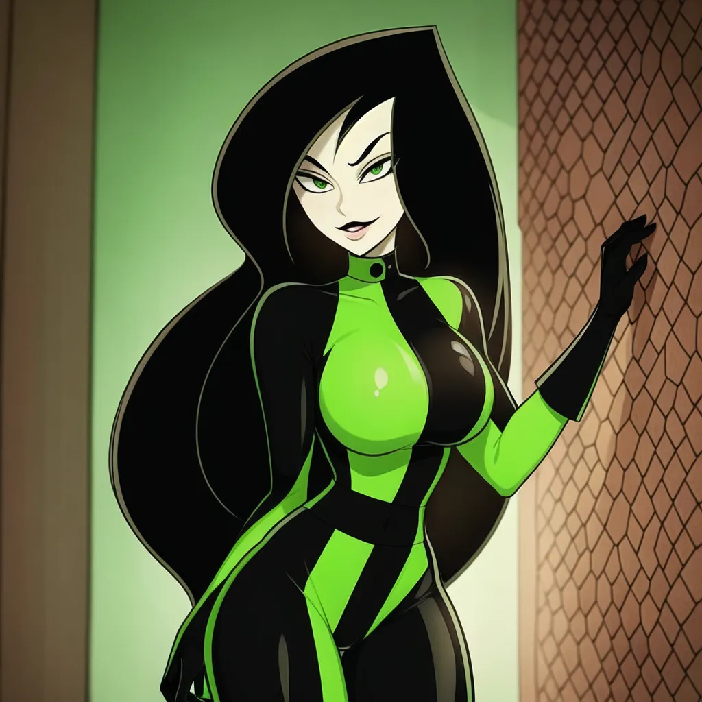 The image is of a tall, slender woman with long black hair and green eyes. She is wearing a tight green and black jumpsuit with a high collar. The jumpsuit has a plunging neckline and a belt at the waist. She is also wearing black gloves and boots. The woman is standing in a doorway, and she is looking at the viewer with a confident expression. She has one hand on her hip and the other hand is holding the door frame.