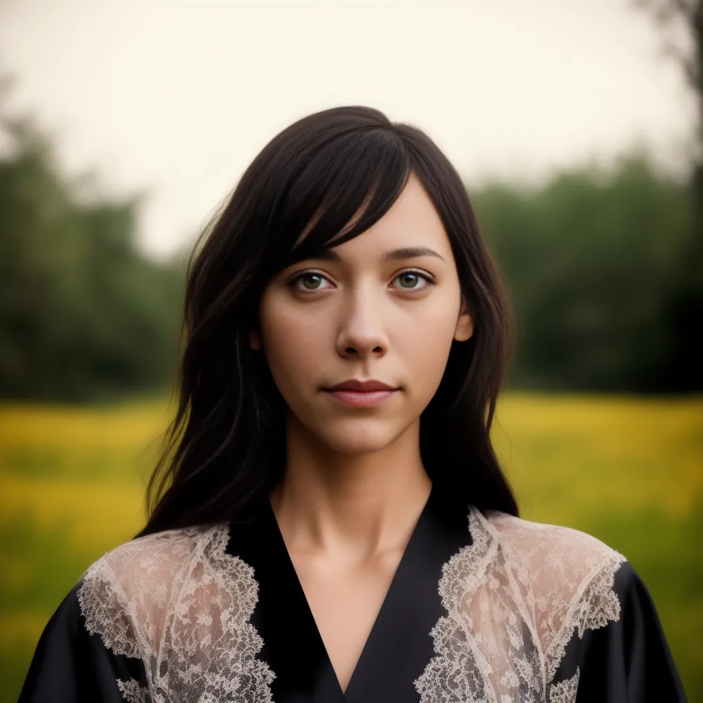 Une jeune femme aux longs cheveux bruns se tient dans un champ de fleurs jaunes. Elle porte un kimono noir avec un col en dentelle blanche. La femme a une expression sérieuse sur le visage.