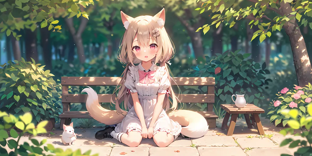 The image is of an anime girl with fox ears and a tail. She is sitting on a bench in a park. She is wearing a white dress with a pink bow. There is a small white rabbit sitting next to her. There is a small table next to the bench with a pitcher on it. The girl has a shy expression on her face.