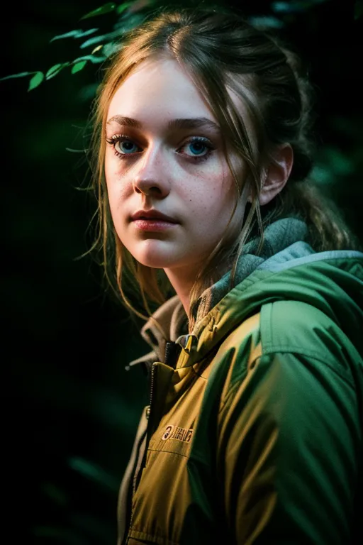 The image is a portrait of a young woman. She has blonde hair, blue eyes, and a fair complexion. She is wearing a green jacket and there are green leaves in the background. The woman's expression is serious and thoughtful. She is looking at the camera with her head tilted slightly to the right. The image is well-lit and the colors are vibrant. The background is blurred, which helps to focus the viewer's attention on the woman.