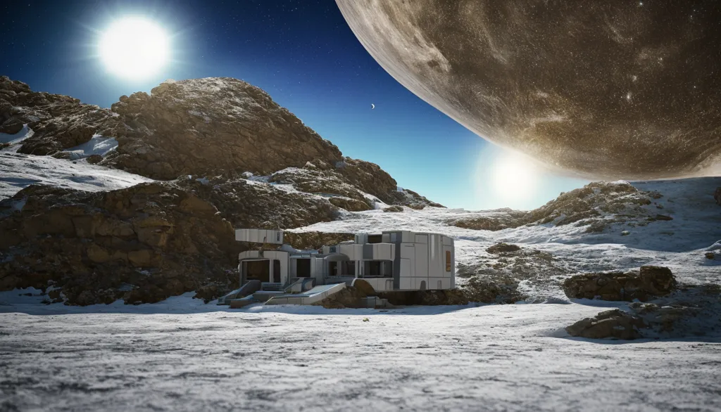 La imagen muestra una escena de ciencia ficción de una base lunar. Hay una luna grande en el fondo y una luna más pequeña o un asteroide grande en primer plano. Hay un edificio en la superficie de la luna que es blanco y tiene una antena grande en el techo. También hay algunas rocas y cantos rodados en la superficie de la luna. La superficie de la luna está cubierta de nieve.