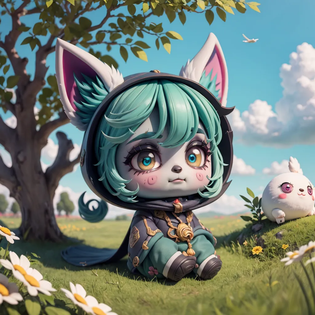 The image is of an anime-style catgirl sitting in a field of flowers. She has green hair and eyes, and is wearing a grey and green outfit. She is sitting on the grass with her legs crossed and has a small smile on her face. There is a small white creature with a pink nose and purple eyes sitting on her right. There is a large tree to her left with green leaves and pink flowers. There are also white clouds in the sky and a few small flowers in the foreground.