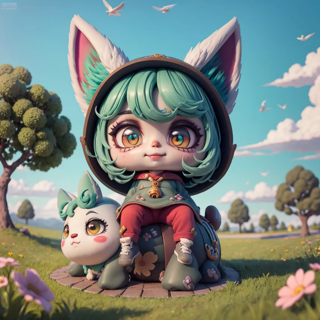 The image is of a chibi girl with green hair and rabbit ears. She is wearing a green hat and red shirt and is sitting on a large green turtle. The girl has a small white creature with her. The two are in a grassy field with trees and flowers. The sky is blue and there are white clouds. Birds are flying in the sky.