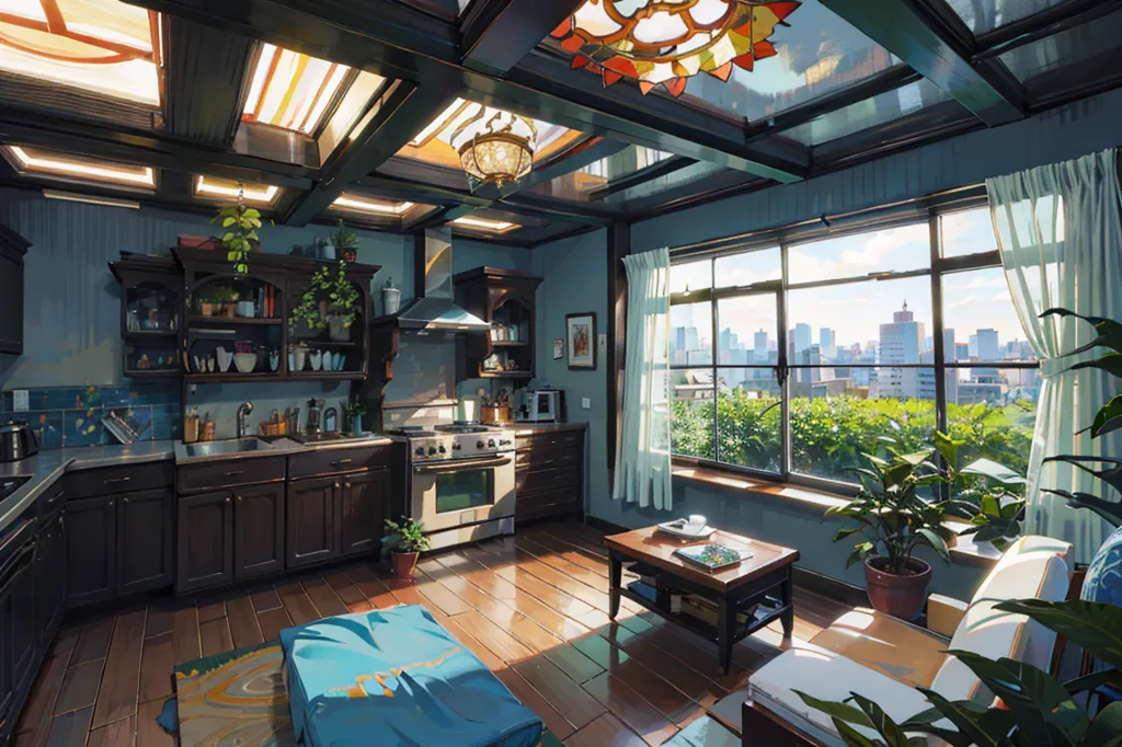 The image is of a beautiful kitchen with a large window looking out onto a city skyline. There are plants all around the kitchen, and the furniture is made of wood. The overall effect is one of warmth and coziness.

The kitchen is decorated in a modern style, with white cabinets and countertops. The appliances are all stainless steel. There is a large island in the center of the kitchen, with a sink and a stovetop. There is also a breakfast bar attached to the island.

The living area has a large, comfortable couch and a coffee table. The couch is facing the window, so you can enjoy the view while you relax. There is also a small table with a vase of flowers on it.

The kitchen is open to the living area, so it is a great space for entertaining guests. You can cook in the kitchen while your guests relax in the living room. The kitchen is also a great place to eat breakfast or lunch.

The image is of a beautiful and inviting space that is perfect for cooking, entertaining, and relaxing.